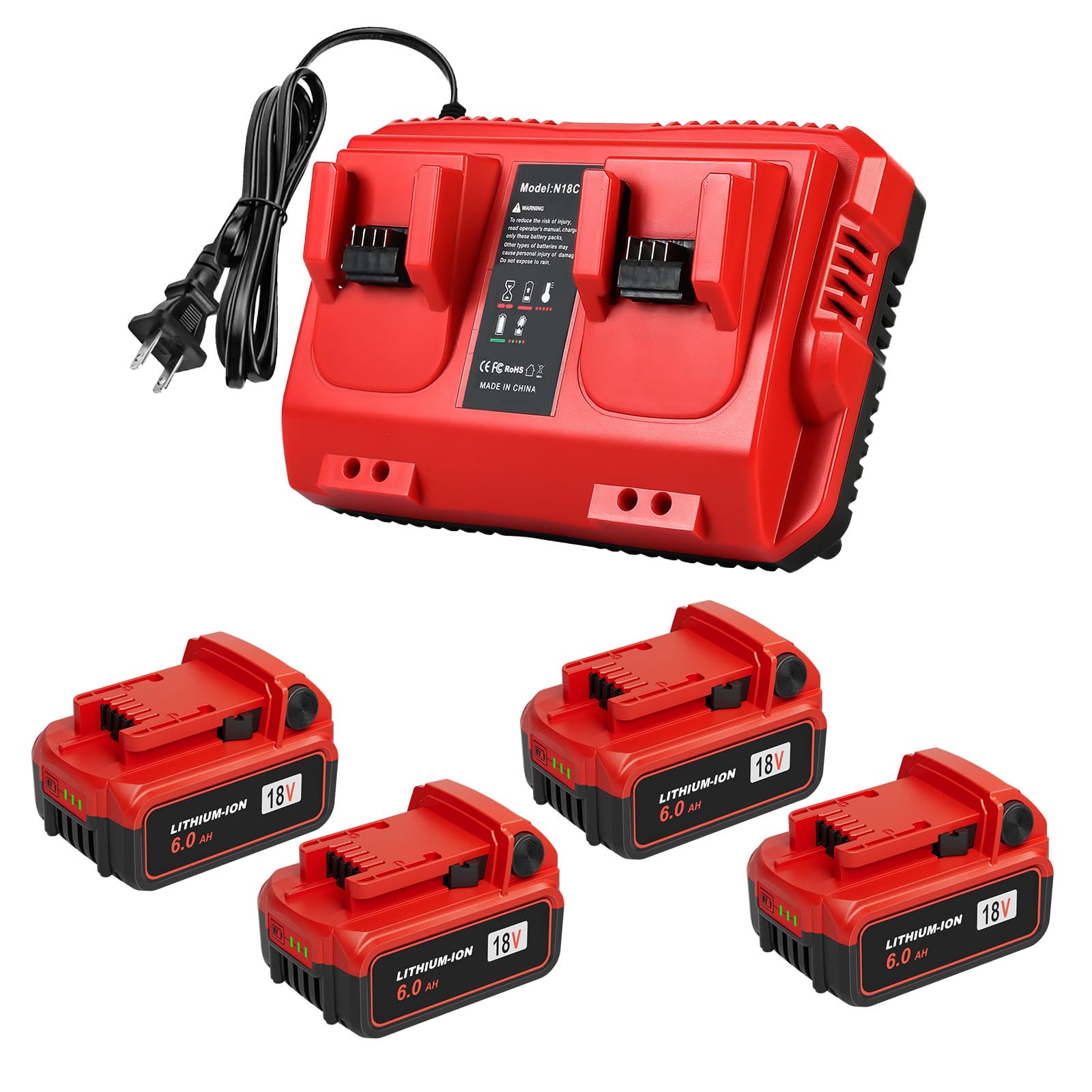 KOOMICY 4Pack 18V 6.0Ah Batteries Replacement for Milwaukee M-18 Battery and 1 Charger Set