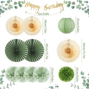 Sage Green Party Decorations Beige Tissue Paper Pom Poms Green Fans Lanterns Sage Party Decorations Boho Green Cream Party Decorations for Sage Birthday Wedding Bridal Baby Shower