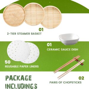 Bamboo Steamer Basket 10 Inch, Steamer for Cooking Rice, Vegetables, Meat, Fish and Chinese Asian Cuisine | 2 -Tier Dumpling Steamer, Dim Sum & Bao Bun Steamer with Chopsticks, 50 liners & Sauce Dish