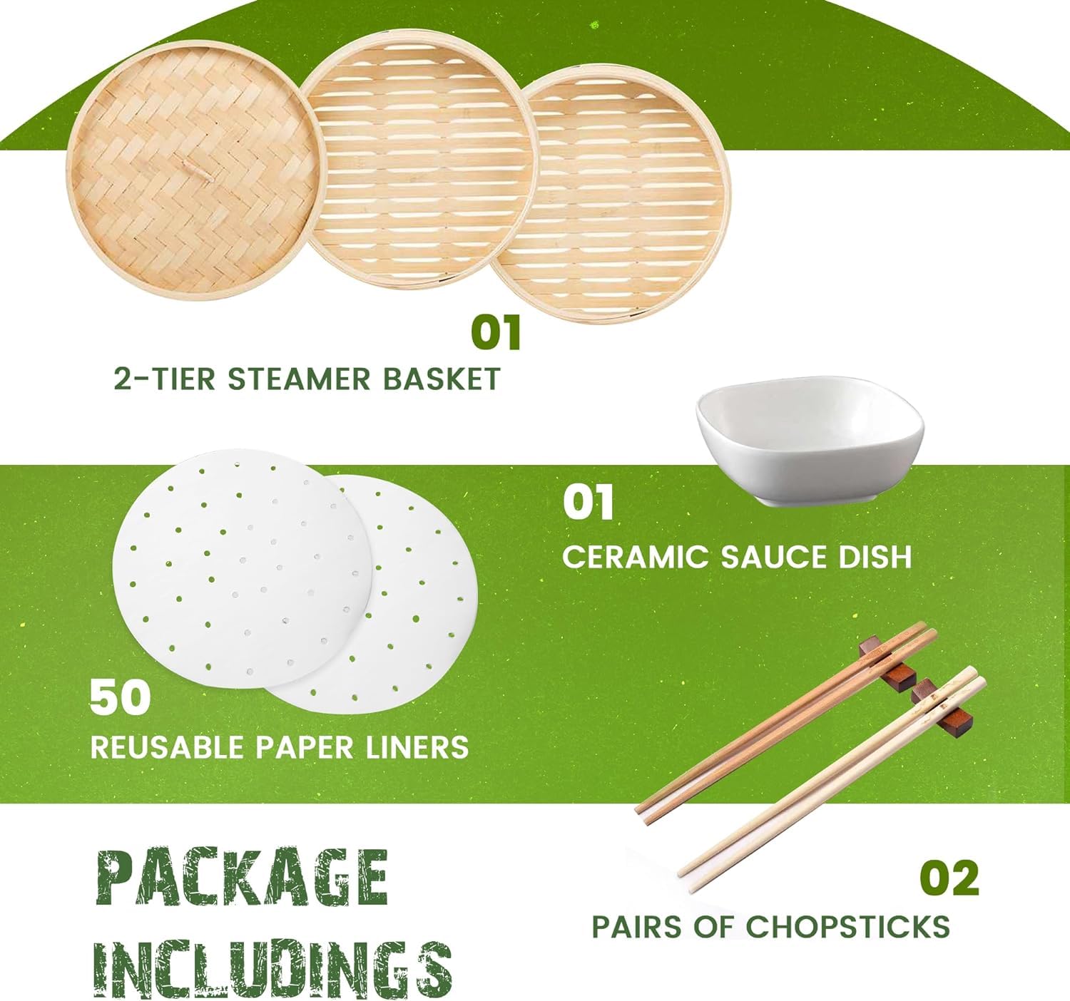 Bamboo Steamer Basket 10 Inch, Steamer for Cooking Rice, Vegetables, Meat, Fish and Chinese Asian Cuisine | 2 -Tier Dumpling Steamer, Dim Sum & Bao Bun Steamer with Chopsticks, 50 liners & Sauce Dish