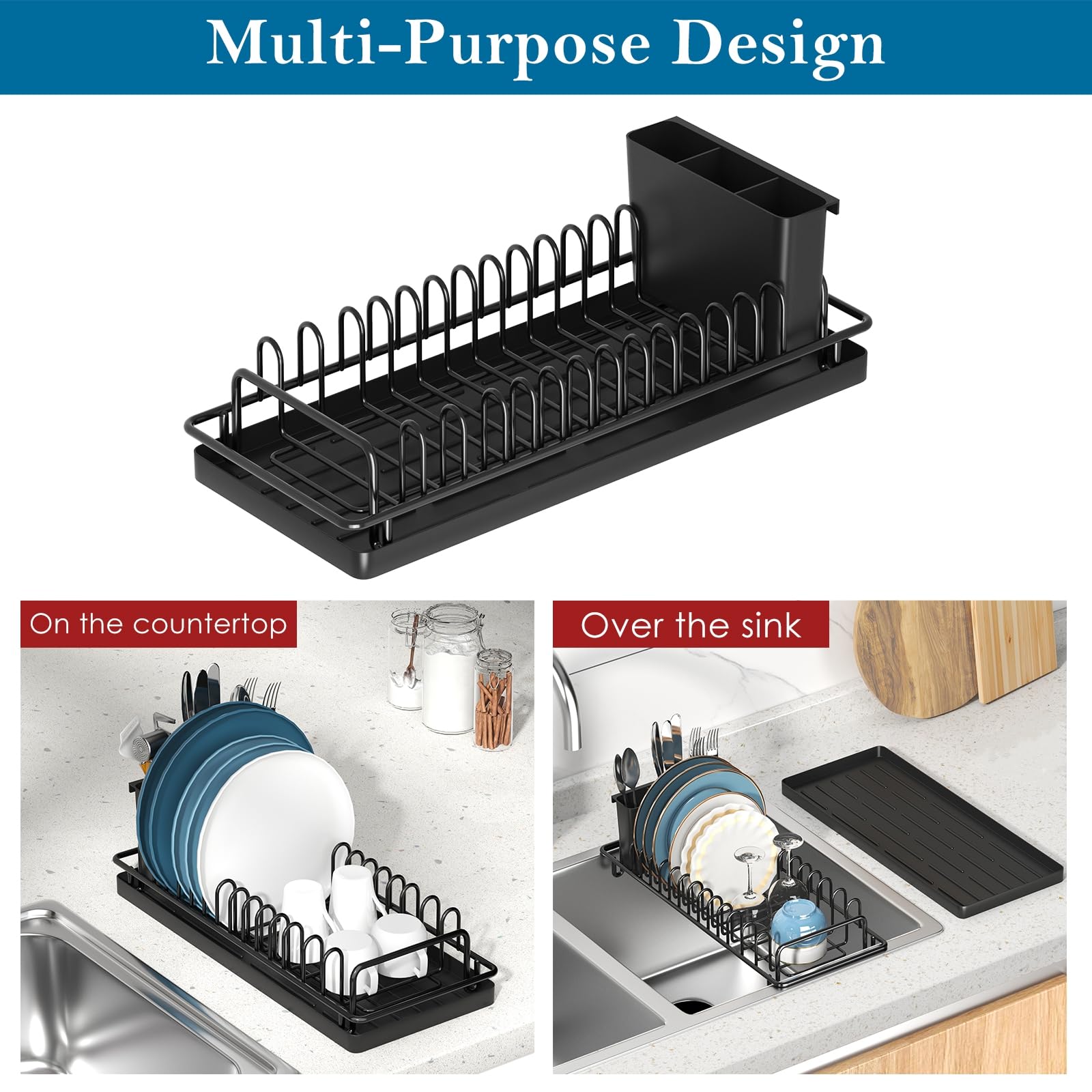 XYZLVSI Small Dish Drying Rack, Compact Dish Rack Sink Drying Rack with Silicone Mat, Dish Drainer Dish Organizer for Kitchen Counter & Over Sink, Stainless Steel, Black