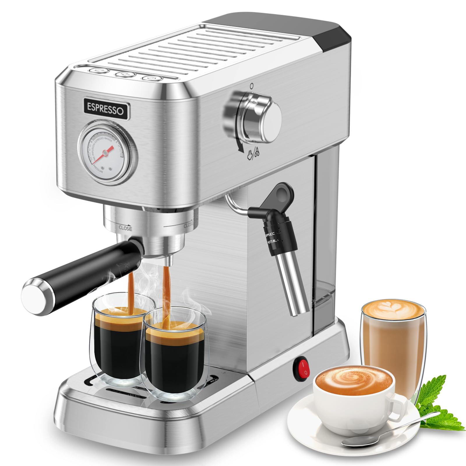 Pokk Espresso Machine 20 Bar, Professional Espresso Coffee Maker with Milk Frother Steam Wand, Compact Espresso Coffee Machine with 50oz Removable Water Tank for Cappuccino, Latte, Stainless Steel