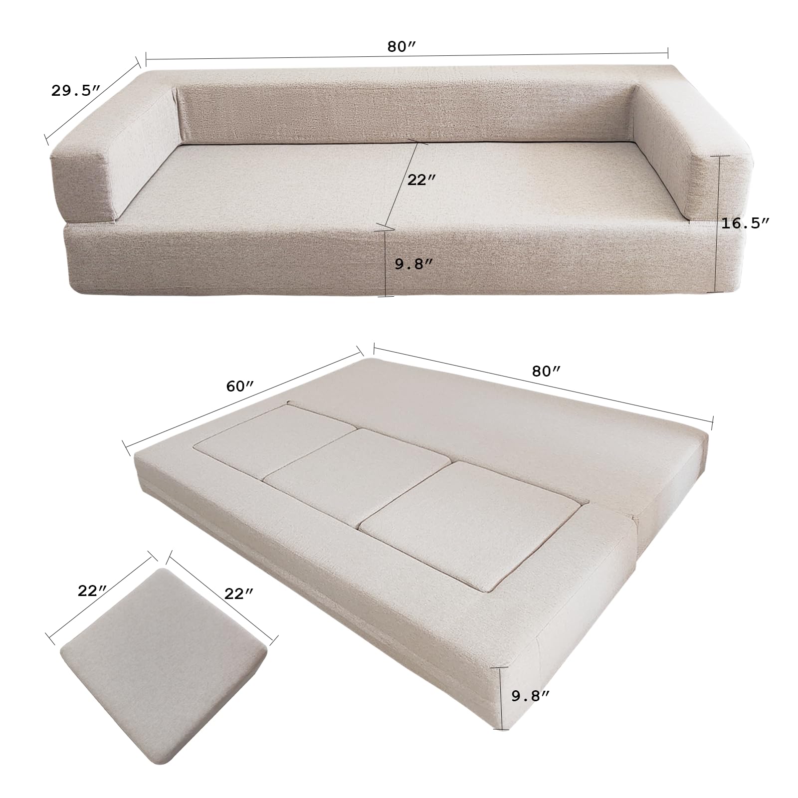 Hooxnome Folding Sofa Bed Floor Sofa Couch Foam Bed with 3 Ottoman, Linen Fabric Sofa, Multi-Function Cushioned Mattress Sleeper Simple Sofa Comfortable Couch for Living Room, Guest Bed, Futon (Beige)