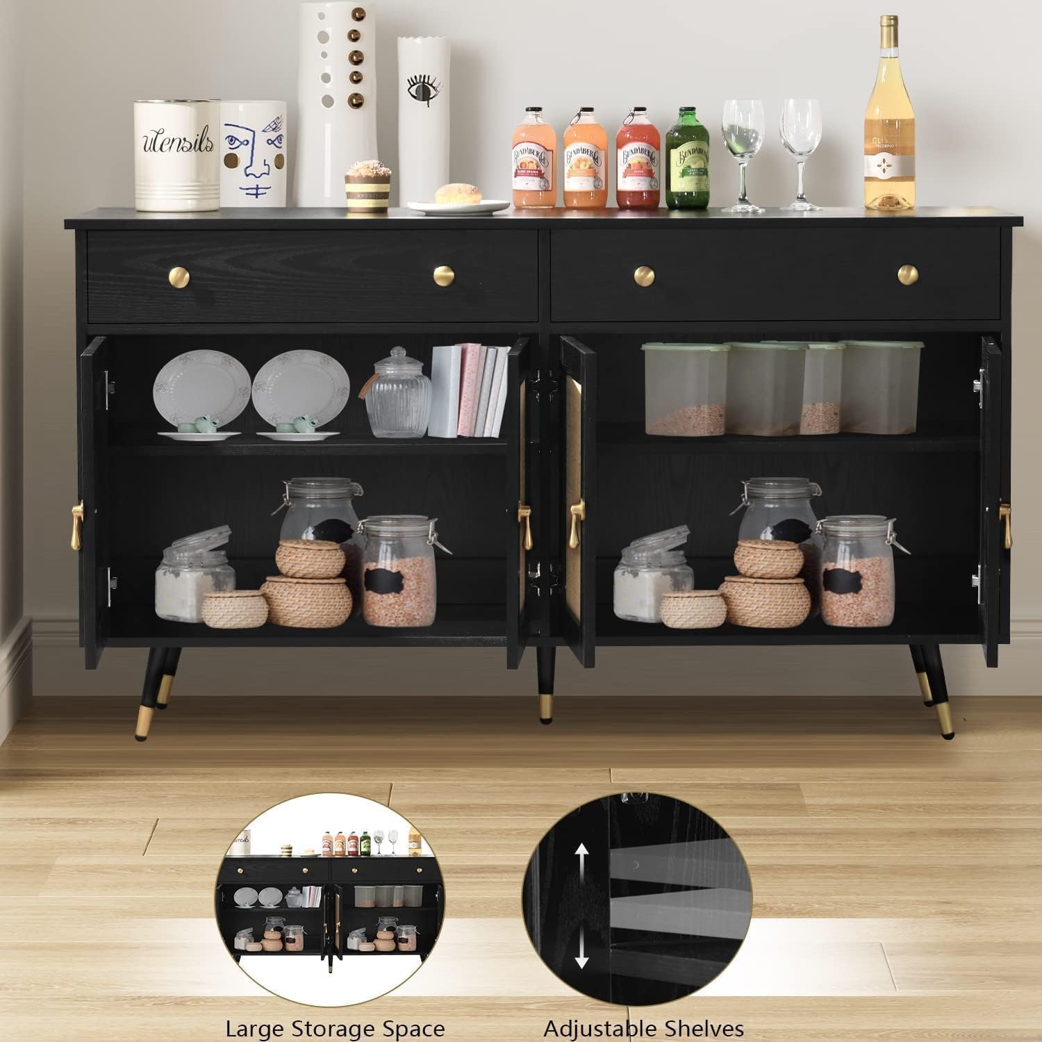 4ever2buy Black Buffet Cabinet with Rattan Decorated Doors, 55" Sideboard Buffet Cabinet with 4 Doors & 2 Drawers, Accent Sideboard with Adjustable Shelf for Living Dining Room