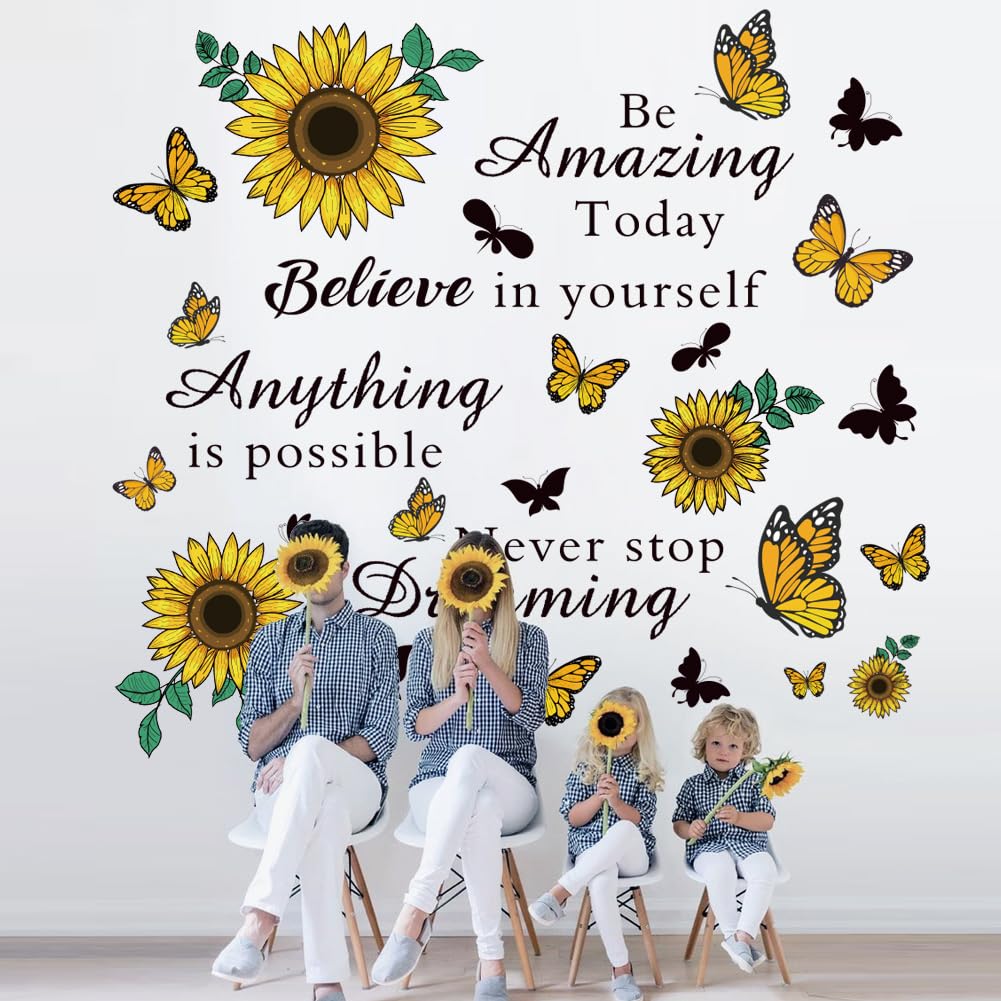 Inspirational Quote Wall Decals Sunflower Wall Stickers Removable Positive Saying Wall Lettering Stickers Peel and Stick for Classroom Home Bedroom Family Office Wall Art Decor