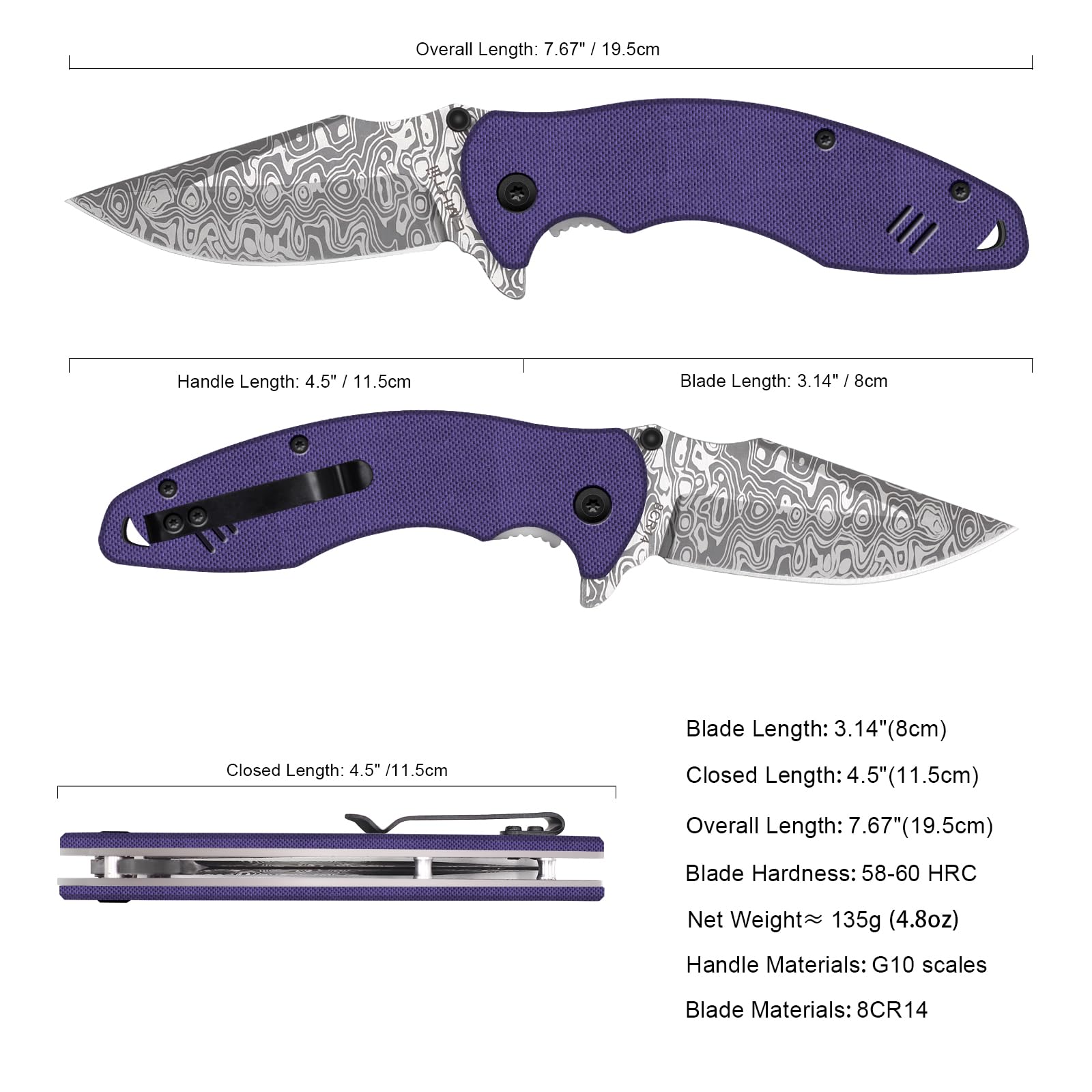 EMHTiii Pocket Folder Folding Knife: 3.14" Stainless Steel Blade, G10 Scales, Thumb Stud Liner Lock, EDC Knives for Outdoor Survival, Great Gifts for Men Women, EMH12 (Purple)