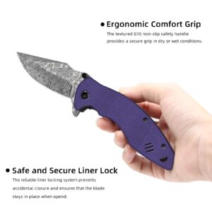 EMHTiii Pocket Folder Folding Knife: 3.14" Stainless Steel Blade, G10 Scales, Thumb Stud Liner Lock, EDC Knives for Outdoor Survival, Great Gifts for Men Women, EMH12 (Purple)