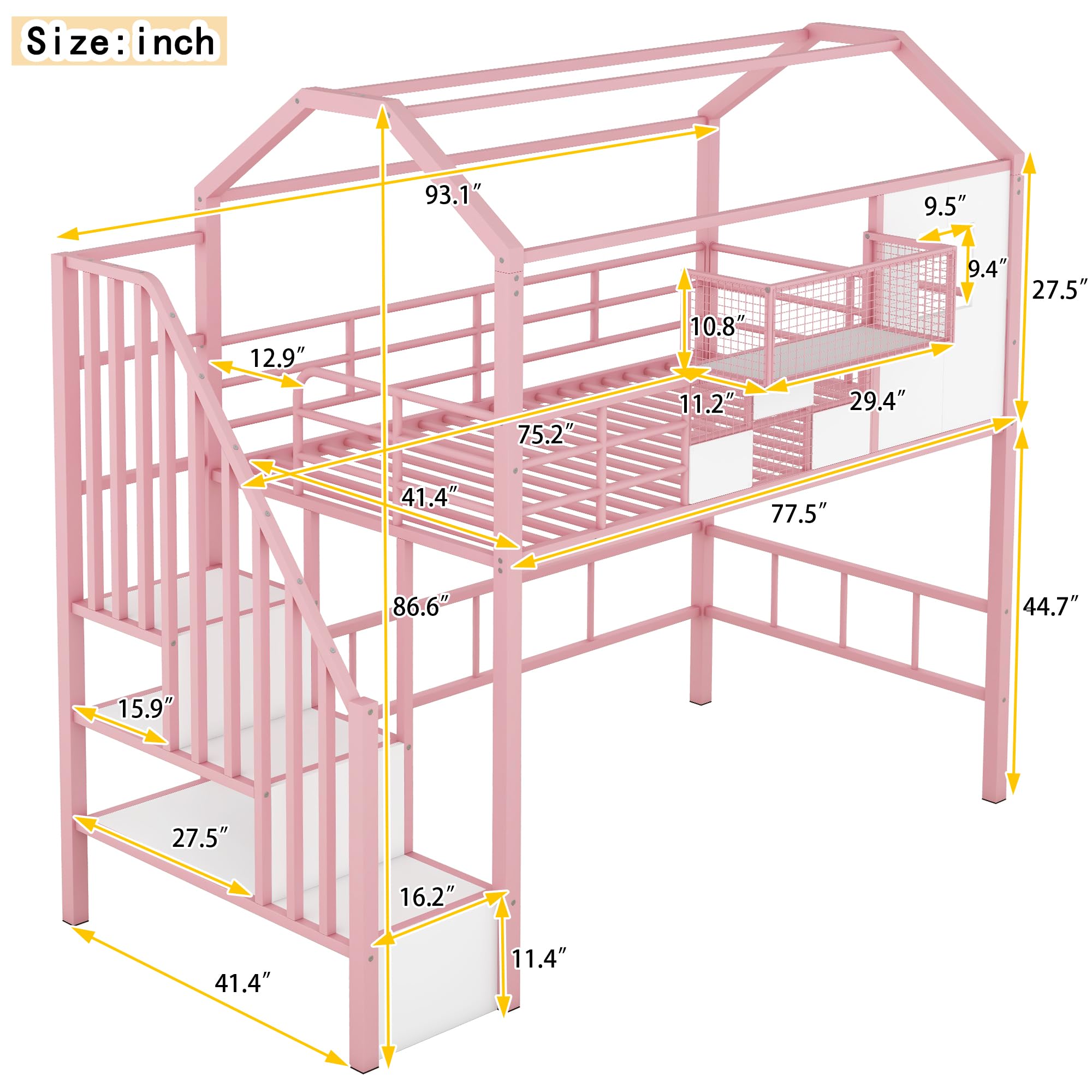 Unique Metal Twin Size House Loft Bed with Roof,Storage Stairs and a Storage Box,for Kids Girls Boys Teens Adults Bedroom Use (Pink@Stairs, Twin)