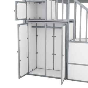 Favfurish Twin Over Twin Castle-Shaped Bunk Bed with Wardrobe,Open Storage cabinets,a Storage Staircase and guardrails,Metal Stairway BunkBed for Kids Boys/Girls/Teens,Gray+White