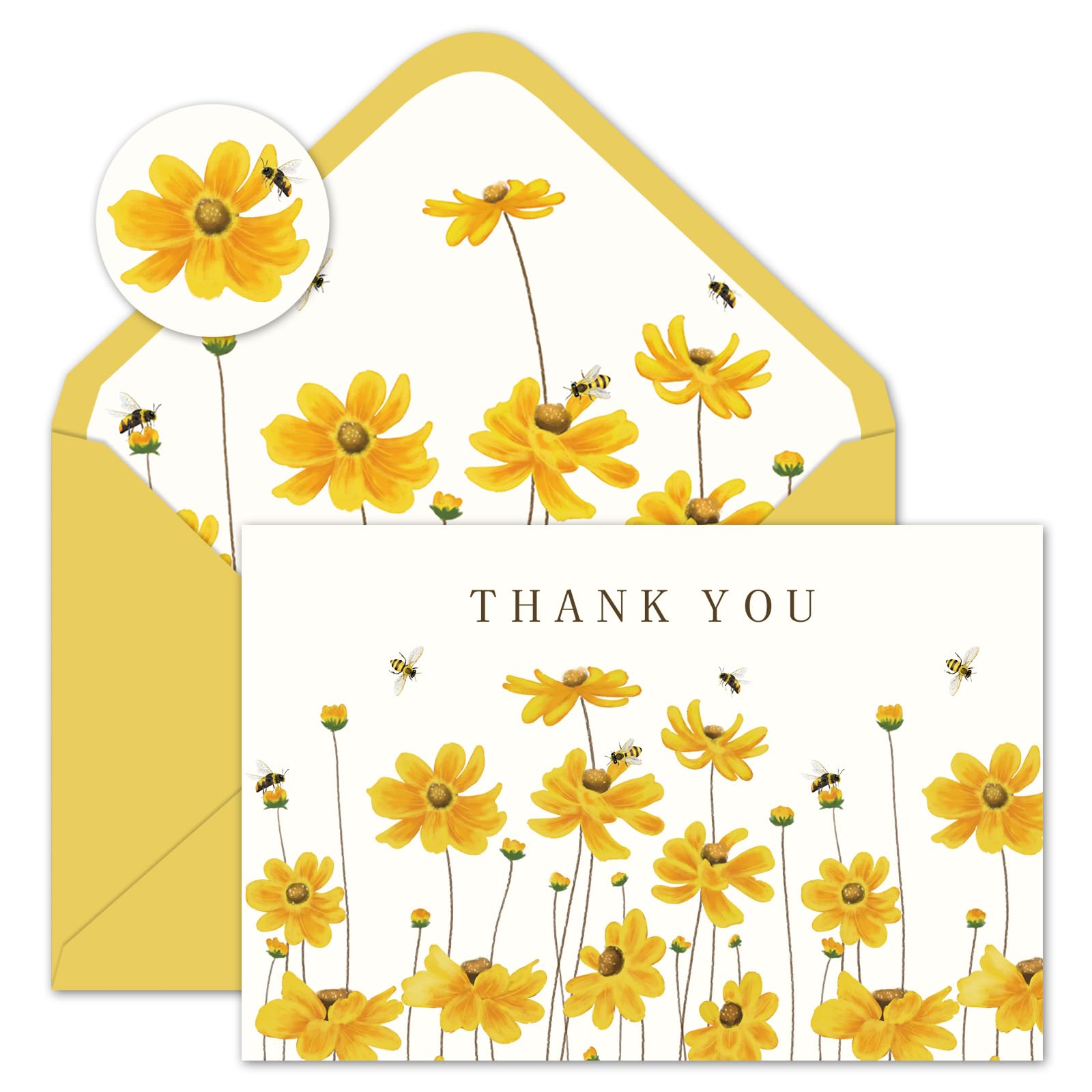 Whaline 24Pcs Floral Thank You Cards Flower Blank Greeting Cards Yellow Calliopsis Bee Note Cards with Envelopes Adhesive Stickers for Wedding Birthday Baby Shower Party Supplies, 4 x 6 Inch