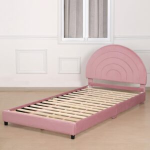 AFBKSS&BB Kids Twin Bed Frame, Teenager Bed, Rainbow Children's Bed with Adjustable Height Bed Head, Children's Home Sleeping Bed, Toddler Upholstered Twin Bed (Pink)