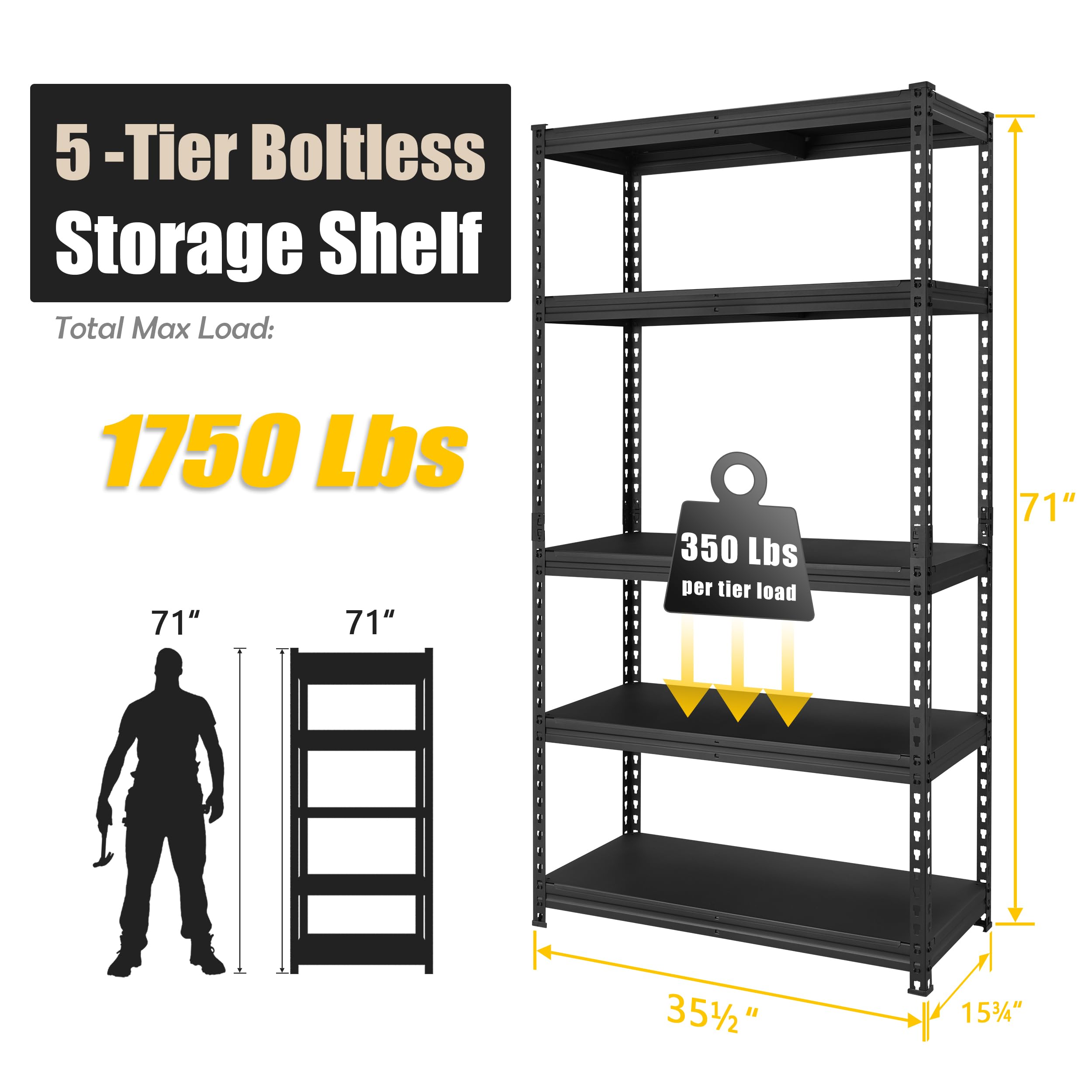 PrimeZone All Metal 36" W x 16" D x 71" H Storage Shelves - 5 Tier Heavy Duty Adjustable Garage Shelving Unit, Freestanding Utility Shelf Rack Organizer for Warehouse Pantry Kitchen, Black