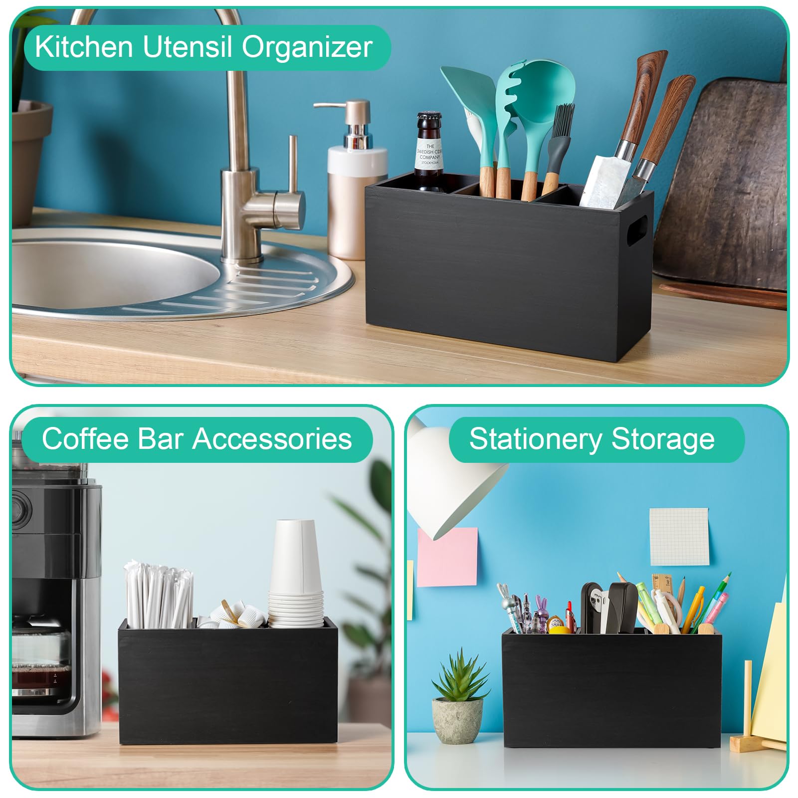 ALELION Large Utensil Holder with Removable Divider - 3 Compartment Wooden Utensil Caddy Organizer for Kitchen Counter - Black Cooking Utensil Crock for Countertop