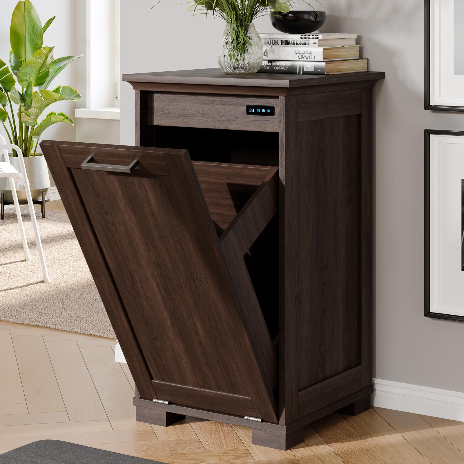 XM-ICE Tilt Out Trash Cabinet, Wooden Trash Can Cabinet with Door Kitchen Hamper Cabinet for Kitchen Dog Proof, Dining Room and Laundry Room, 10-Gallon, Dark Walnut Single