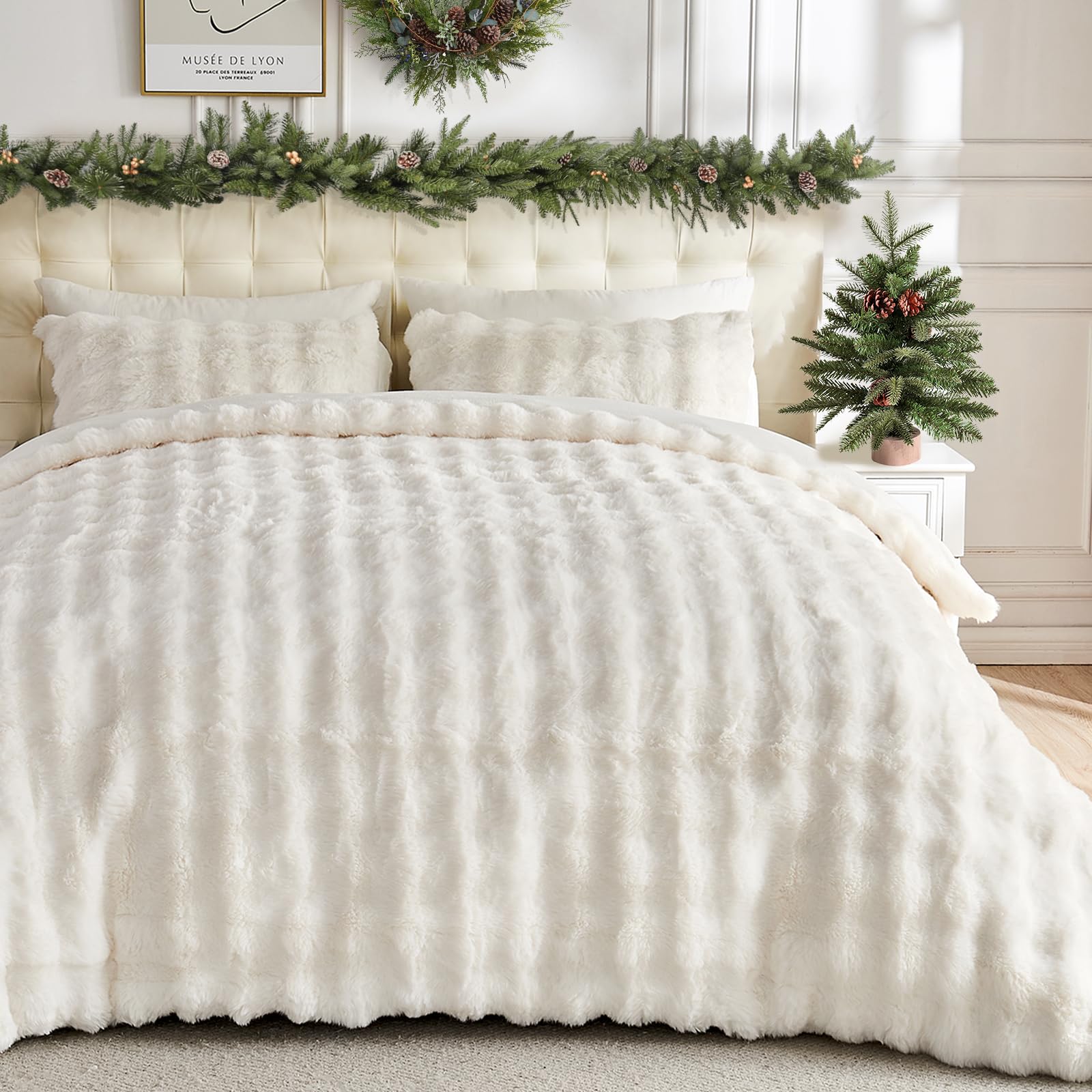 Lotus Karen Fluffy Comforter Queen Set Cover Set-Rabbit Fluff Faux Fur Duvet Cover Queen Size,Cream White Plush Fuzzy Furry Bedding Sets 3Pieces(1 Duvet Cover & 2 Pillow Shams),Zipper Closure