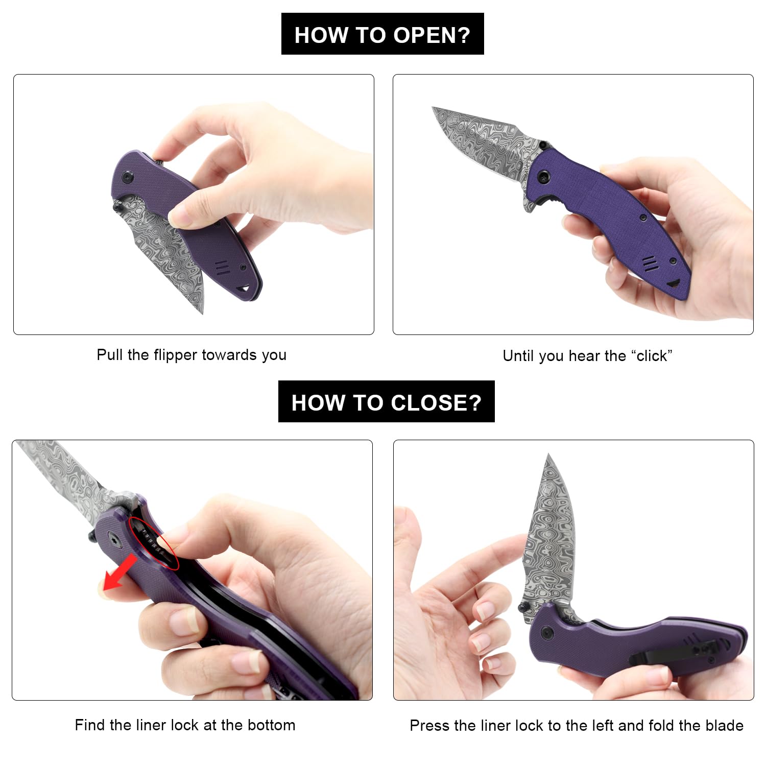 EMHTiii Pocket Folder Folding Knife: 3.14" Stainless Steel Blade, G10 Scales, Thumb Stud Liner Lock, EDC Knives for Outdoor Survival, Great Gifts for Men Women, EMH12 (Purple)