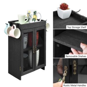 Ikee Design Small Wooden Countertop Storage Cabinet with Adjustable Shelves and Removable Hooks, Perfect for Perfume, Pantry, Essential Oil, 10.4W x 6.1D x 14.4H in, Black