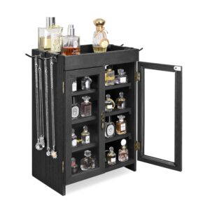 ikee design small wooden countertop storage cabinet with adjustable shelves and removable hooks, perfect for perfume, pantry, essential oil, 10.4w x 6.1d x 14.4h in, black