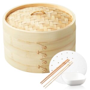 bamboo steamer basket 10 inch, steamer for cooking rice, vegetables, meat, fish and chinese asian cuisine | 2 -tier dumpling steamer, dim sum & bao bun steamer with chopsticks, 50 liners & sauce dish