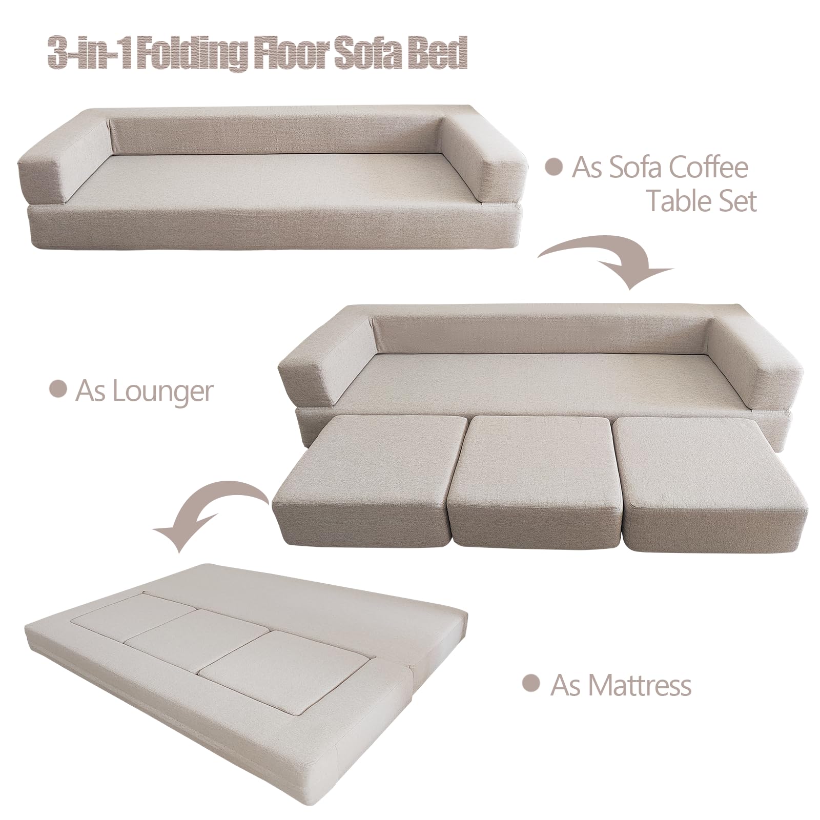 Hooxnome Folding Sofa Bed Floor Sofa Couch Foam Bed with 3 Ottoman, Linen Fabric Sofa, Multi-Function Cushioned Mattress Sleeper Simple Sofa Comfortable Couch for Living Room, Guest Bed, Futon (Beige)