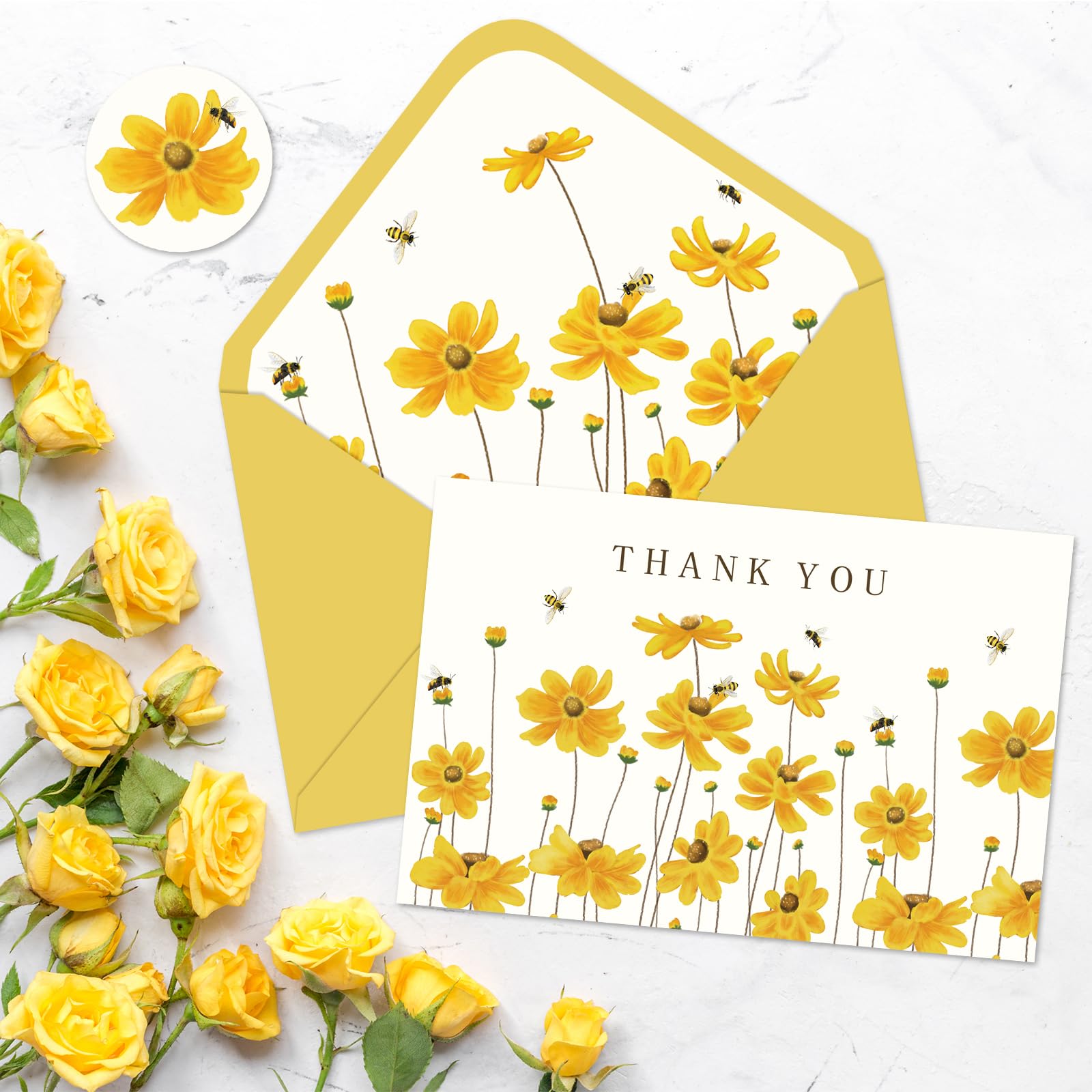 Whaline 24Pcs Floral Thank You Cards Flower Blank Greeting Cards Yellow Calliopsis Bee Note Cards with Envelopes Adhesive Stickers for Wedding Birthday Baby Shower Party Supplies, 4 x 6 Inch