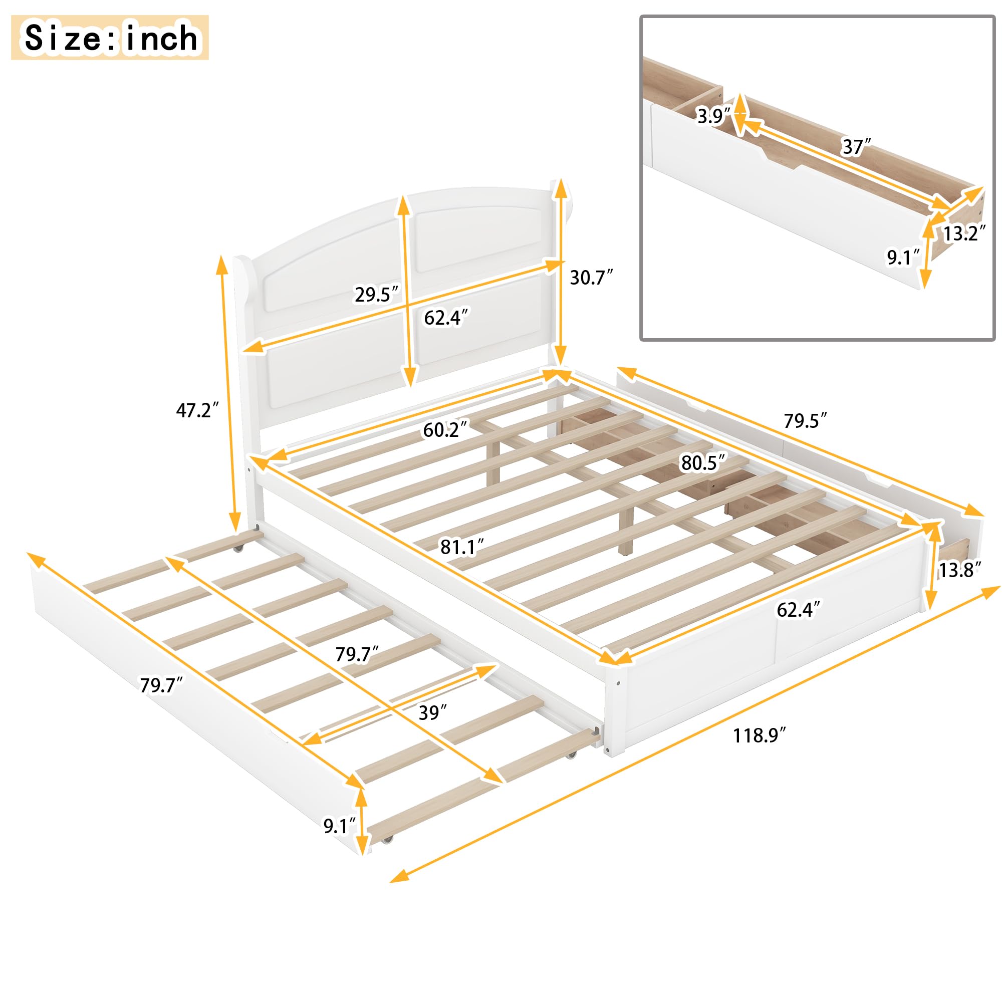 Favfurish Queen Bed with Twin Size Trundle and 2 Drawers, Wood Platform Bed Frame with Headboard, Trundle Bed with Storage for Girls Boys Teens Adults, White