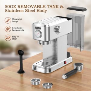 Pokk Espresso Machine 20 Bar, Professional Espresso Coffee Maker with Milk Frother Steam Wand, Compact Espresso Coffee Machine with 50oz Removable Water Tank for Cappuccino, Latte, Stainless Steel