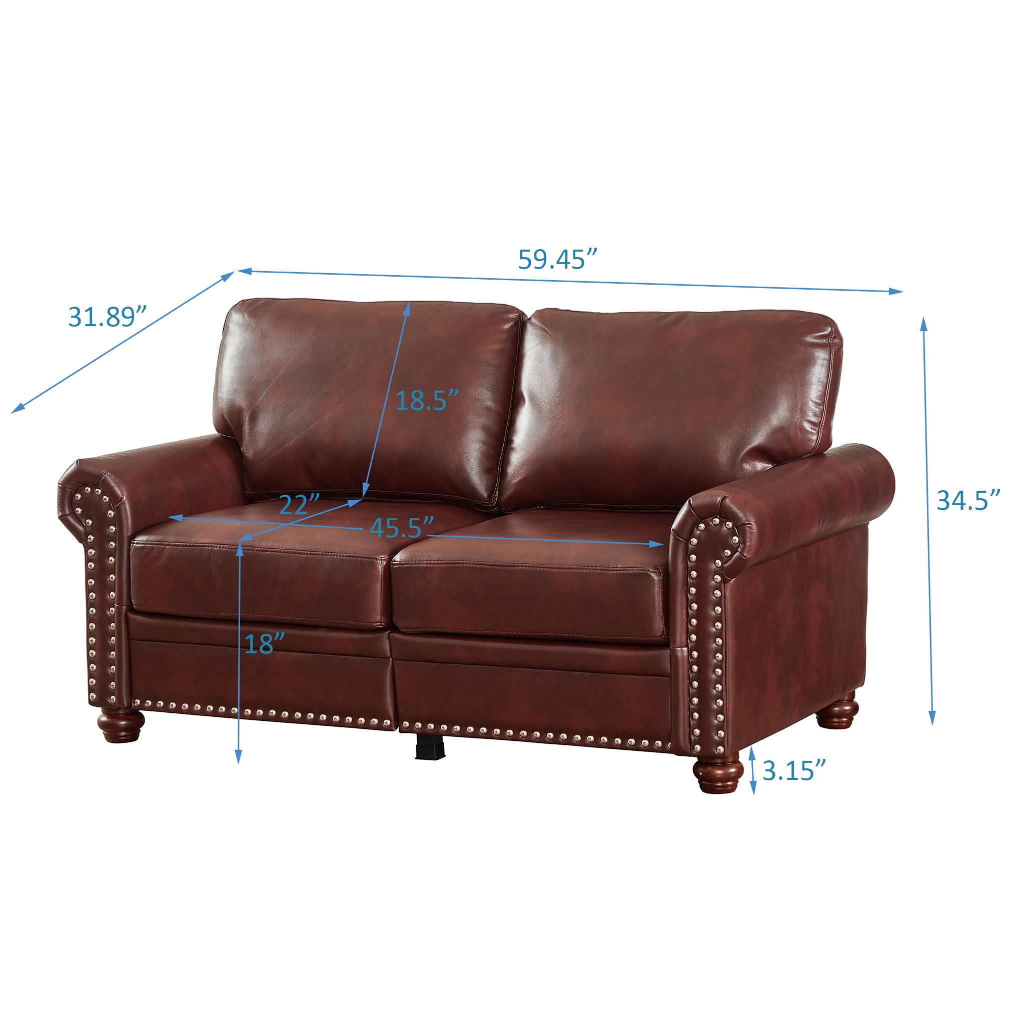 Lunanniu 59" Faux Leather Pu Loveseat Underseat Storage Classic Love Seat Couch Elegance 2 Seat with Rolled Armrests Nailhead Trim Wood Legs Traditional Living Room Accent Sofa 2 Seat-Burgundy