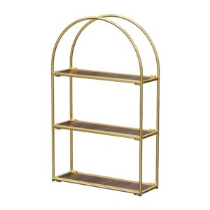 crofy gold arched frame wall shelf, decorative 3 tier bathroom wall shelf with walnut finish shelves and robust storage capacity, 6" d x 17.9" w x 28.57" h