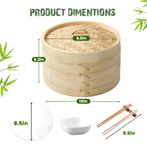 Bamboo Steamer Basket 10 Inch, Steamer for Cooking Rice, Vegetables, Meat, Fish and Chinese Asian Cuisine | 2 -Tier Dumpling Steamer, Dim Sum & Bao Bun Steamer with Chopsticks, 50 liners & Sauce Dish