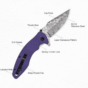 EMHTiii Pocket Folder Folding Knife: 3.14" Stainless Steel Blade, G10 Scales, Thumb Stud Liner Lock, EDC Knives for Outdoor Survival, Great Gifts for Men Women, EMH12 (Purple)