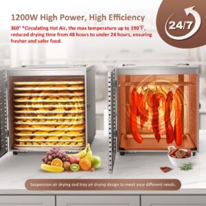 Ausegia Commercial Large 12 Trays Food Dehydrator, Usable Area up to 22.67ft², 1200W Full Stainless Steel Dryer Machine, up to 190℉ Temperature, for Meat, Fruit, Beef, Herbs, and Pet Food