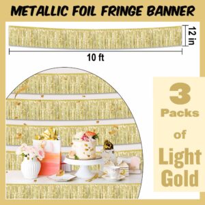 3 Pack 10 Ft Light Gold Foil Fringe Garland Metallic Streamers Tinsel Banner Wall Hanging Garland Backdrop for Parade Floats, Halloween, Christmas, Thanksgiving, New Year Party Decorations