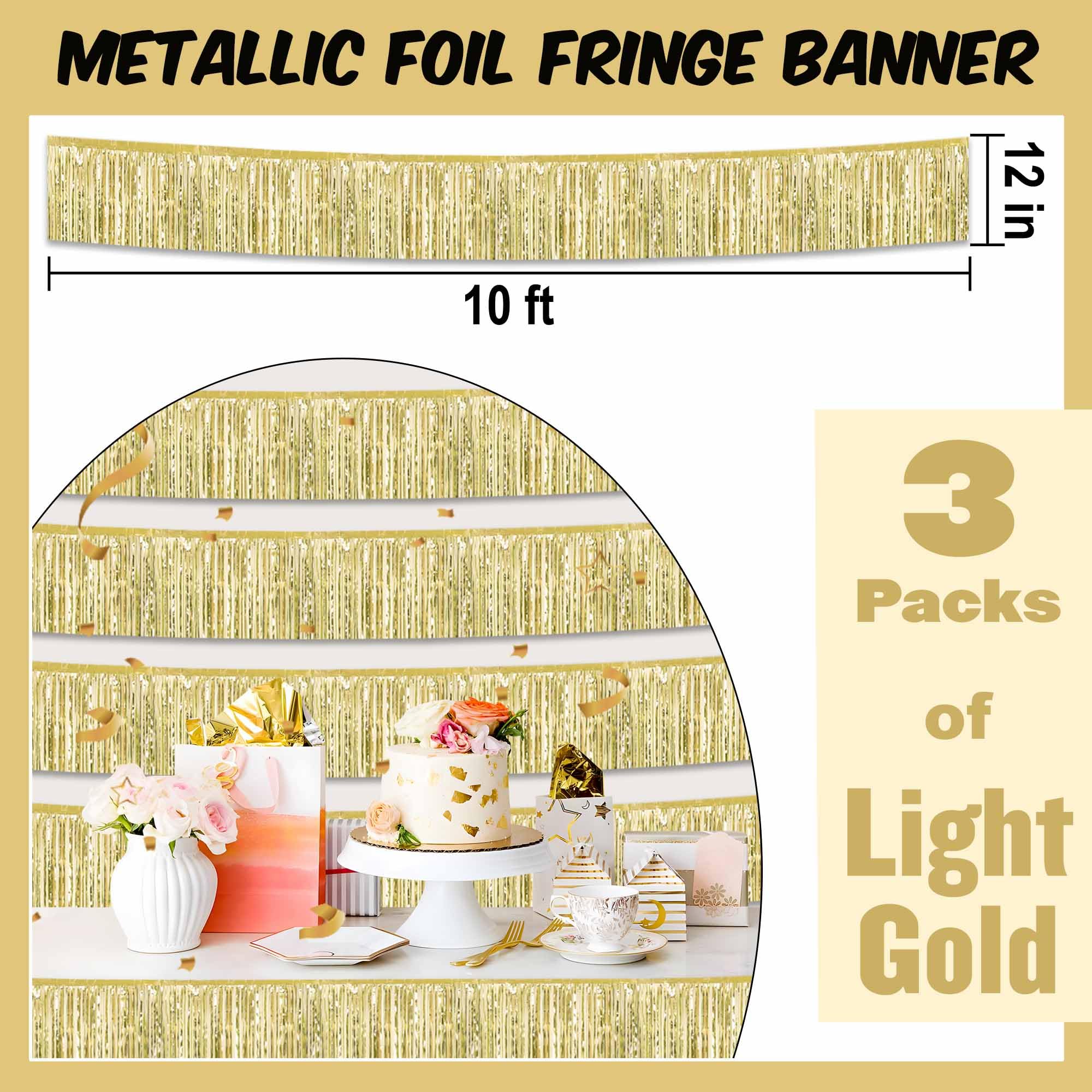 3 Pack 10 Ft Light Gold Foil Fringe Garland Metallic Streamers Tinsel Banner Wall Hanging Garland Backdrop for Parade Floats, Halloween, Christmas, Thanksgiving, New Year Party Decorations