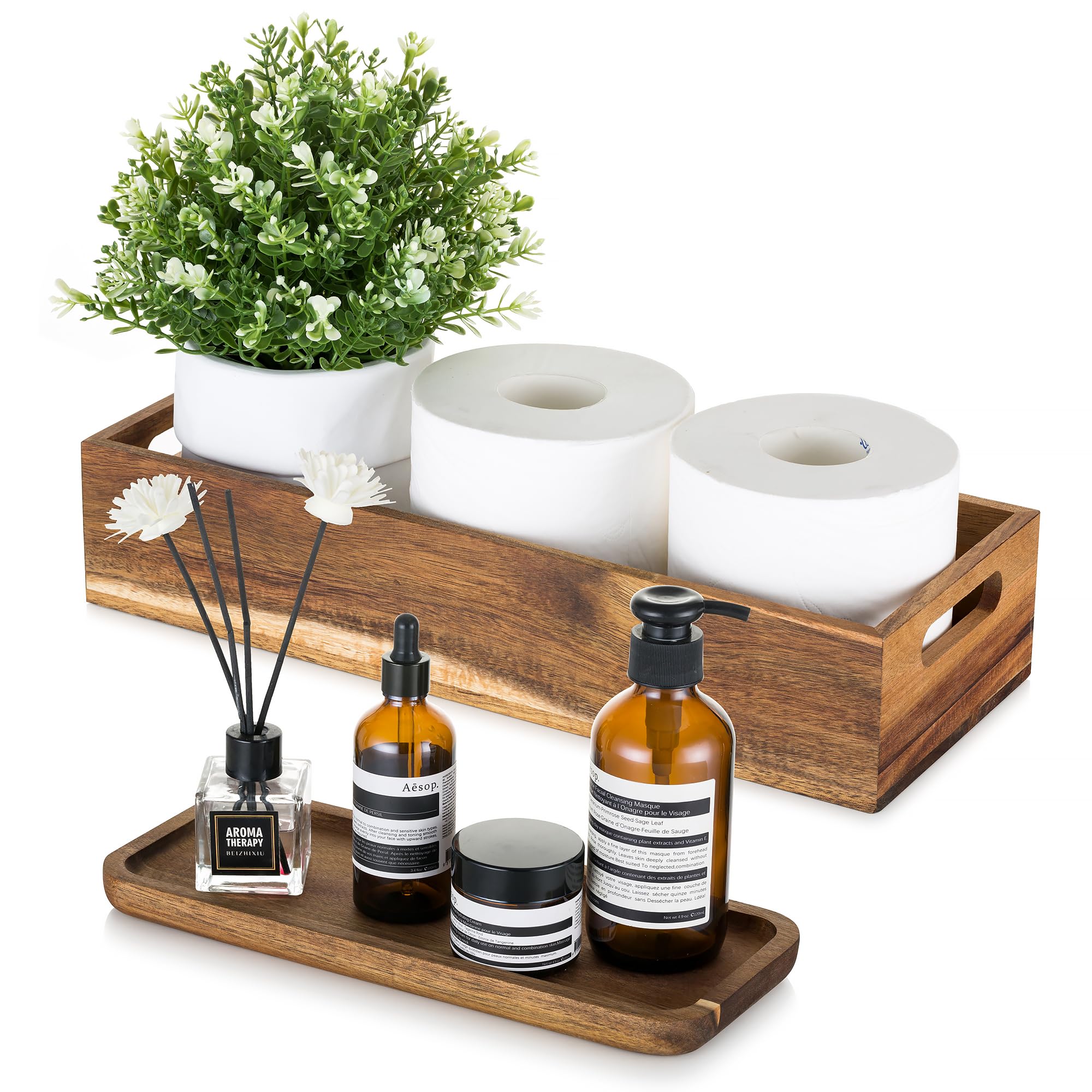 Toilet Tank Basket Wood Bathroom: Hanobe Set of 2 Wooden Toilet Paper Basket Topper with Vanity Tray Back of Toilet Organizer Acacia Toiletry Storage Holder Box