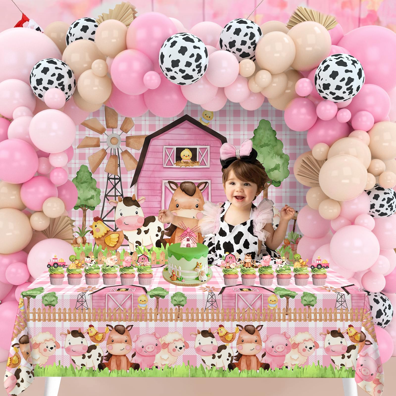 Farm Animal Themed Party Decoration for Girl,Farm Barn Animals Backdrop Banner Farmhouse Animals Decor Party Tablecloth Balloon Arch Garland Kit for Birthday Photography Baby Shower Party Supplies