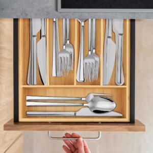 LotFancy Silverware Organizer, Bamboo Drawer Organizer for Kitchen Utensils, Flatware Holder, Silverware Tray for Cutlery Fork Spoon Storage