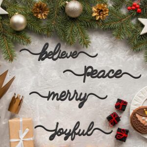 Christmas Cutouts Wood Table Place Card Believe Merry Peace Joyful Wood Word Holiday Place Settings for Christmas Thanksgiving Plate Decor Table Decorations (Black, 8)