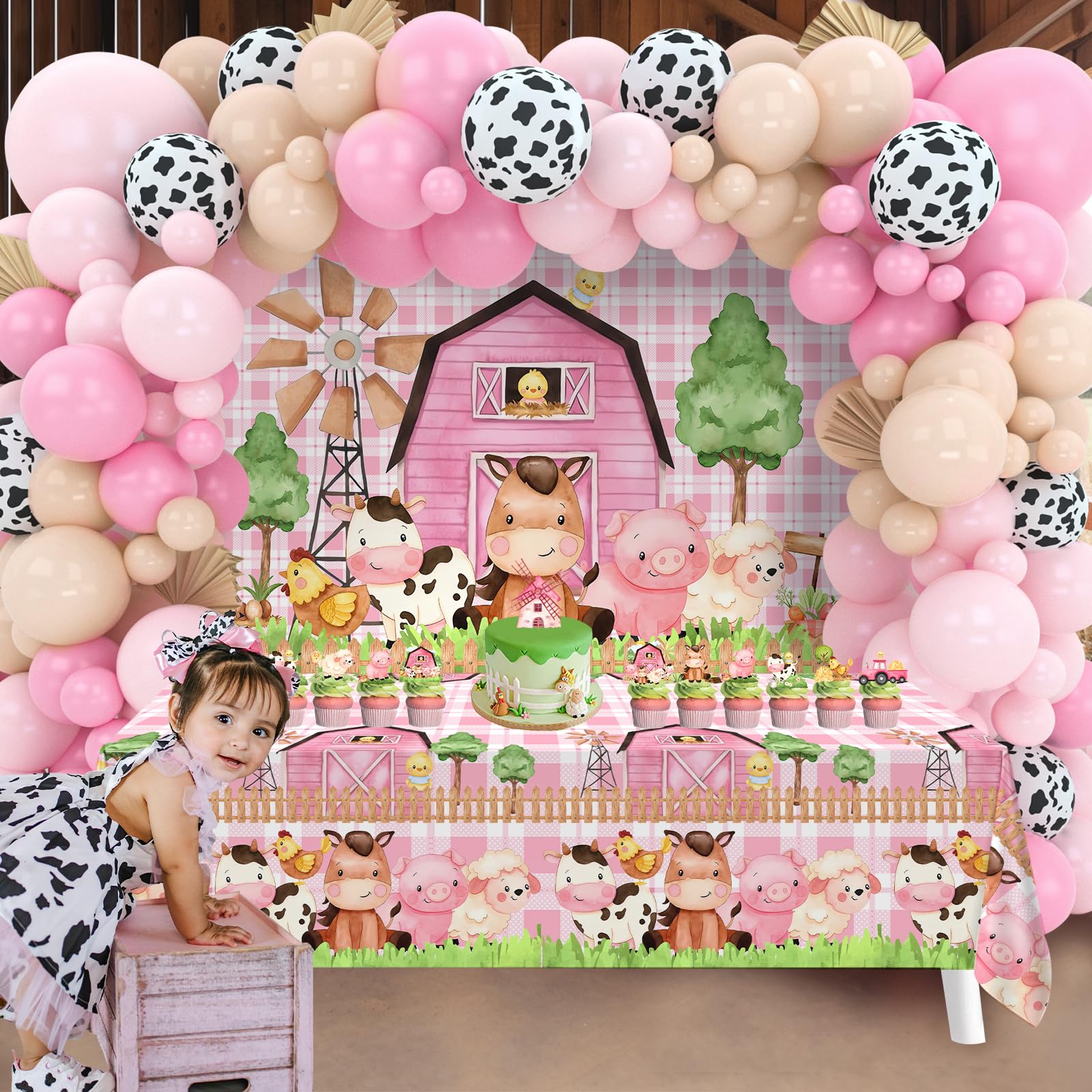 Farm Animal Themed Party Decoration for Girl,Farm Barn Animals Backdrop Banner Farmhouse Animals Decor Party Tablecloth Balloon Arch Garland Kit for Birthday Photography Baby Shower Party Supplies