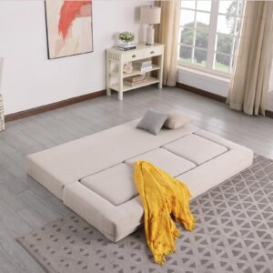 Hooxnome Folding Sofa Bed Floor Sofa Couch Foam Bed with 3 Ottoman, Linen Fabric Sofa, Multi-Function Cushioned Mattress Sleeper Simple Sofa Comfortable Couch for Living Room, Guest Bed, Futon (Beige)