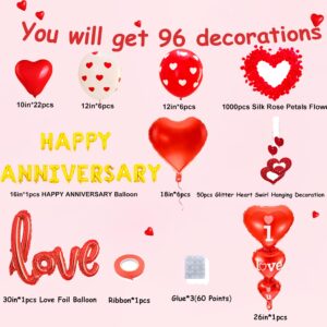 Anniversary Decorations for Bedroom, Happy Anniversary Banner, Red Heart Balloons, Heart Hanging String, Rose Petals, Ideal for Valentines Day, Anniversary Celebrations