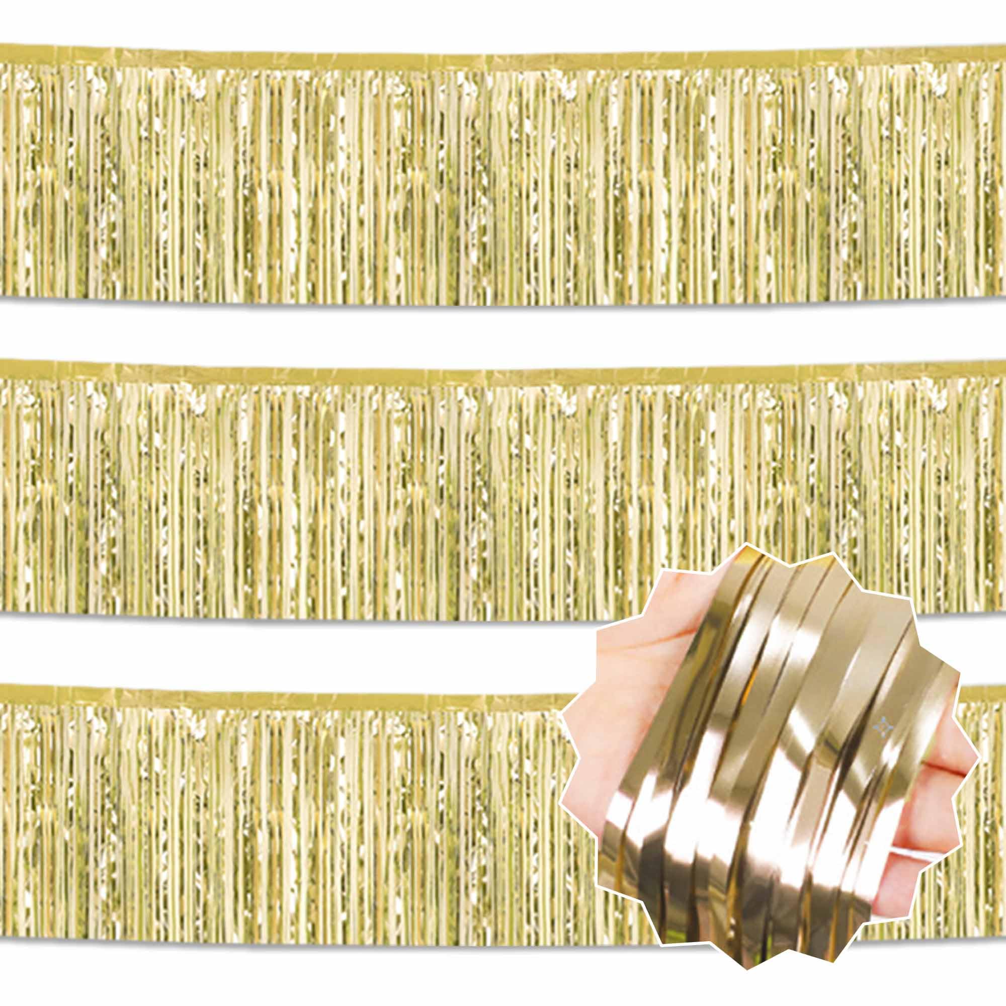 3 Pack 10 Ft Light Gold Foil Fringe Garland Metallic Streamers Tinsel Banner Wall Hanging Garland Backdrop for Parade Floats, Halloween, Christmas, Thanksgiving, New Year Party Decorations