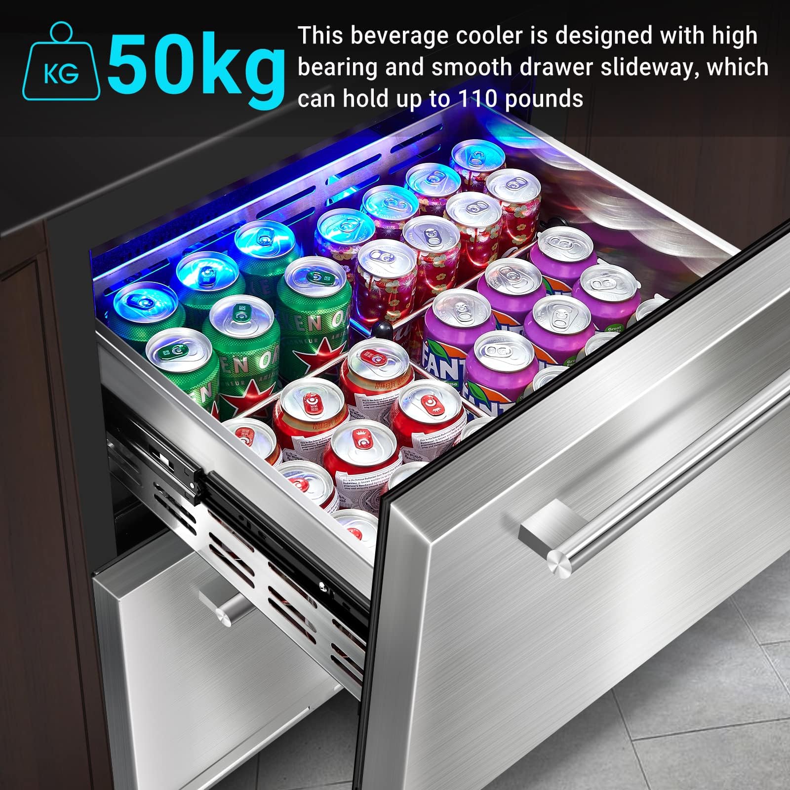 BODEGACOOLER 24 Inch Outdoor Beverage Refrigerator,Under Counter Double Drawer Fridge Stainless Steel,Built-in Outdoor Drawer Beverage Cooler for Soda Drink,Beer 149 Cans for Home,Commercial