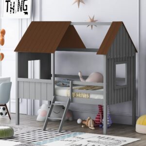 bovza twin size low loft bed, wood kids house bed with two side windows and roof for kids girls boys, gray+brown