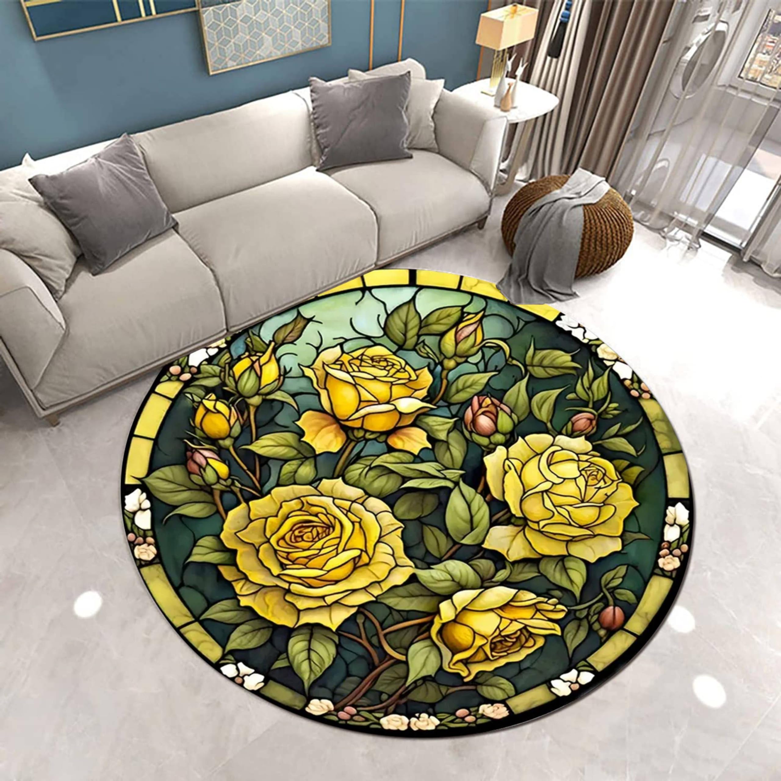 LHOMKCV Vintage Floral Round Area Rug,4ft,Yellow Roses Green Leaves on Dark Green Background Design Rugs, Non Slip Washable Throw Rug Carpet, Rustic Circle Rug for Kitchen Bedroom Living Room