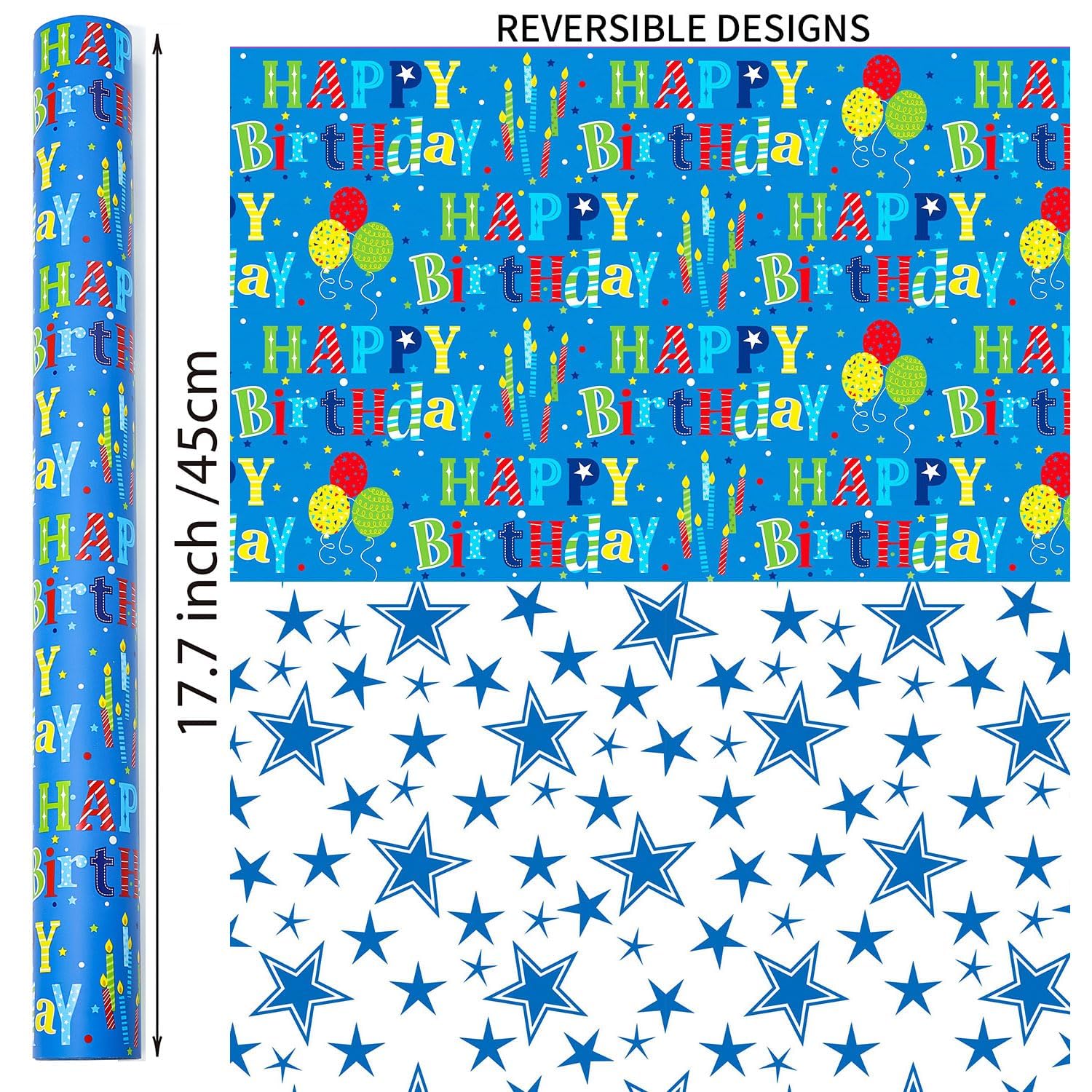 BOLIANNE Reversible Birthday Wrapping Paper for Boys Girls Kids Adults Baby Shower - Colorful Happy Birthday Gift Wrap Paper for Party - Gift Wrapping Paper Roll, 17.7 Inch X 33 Feet, High Gloss