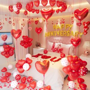 anniversary decorations for bedroom, happy anniversary banner, red heart balloons, heart hanging string, rose petals, ideal for valentines day, anniversary celebrations