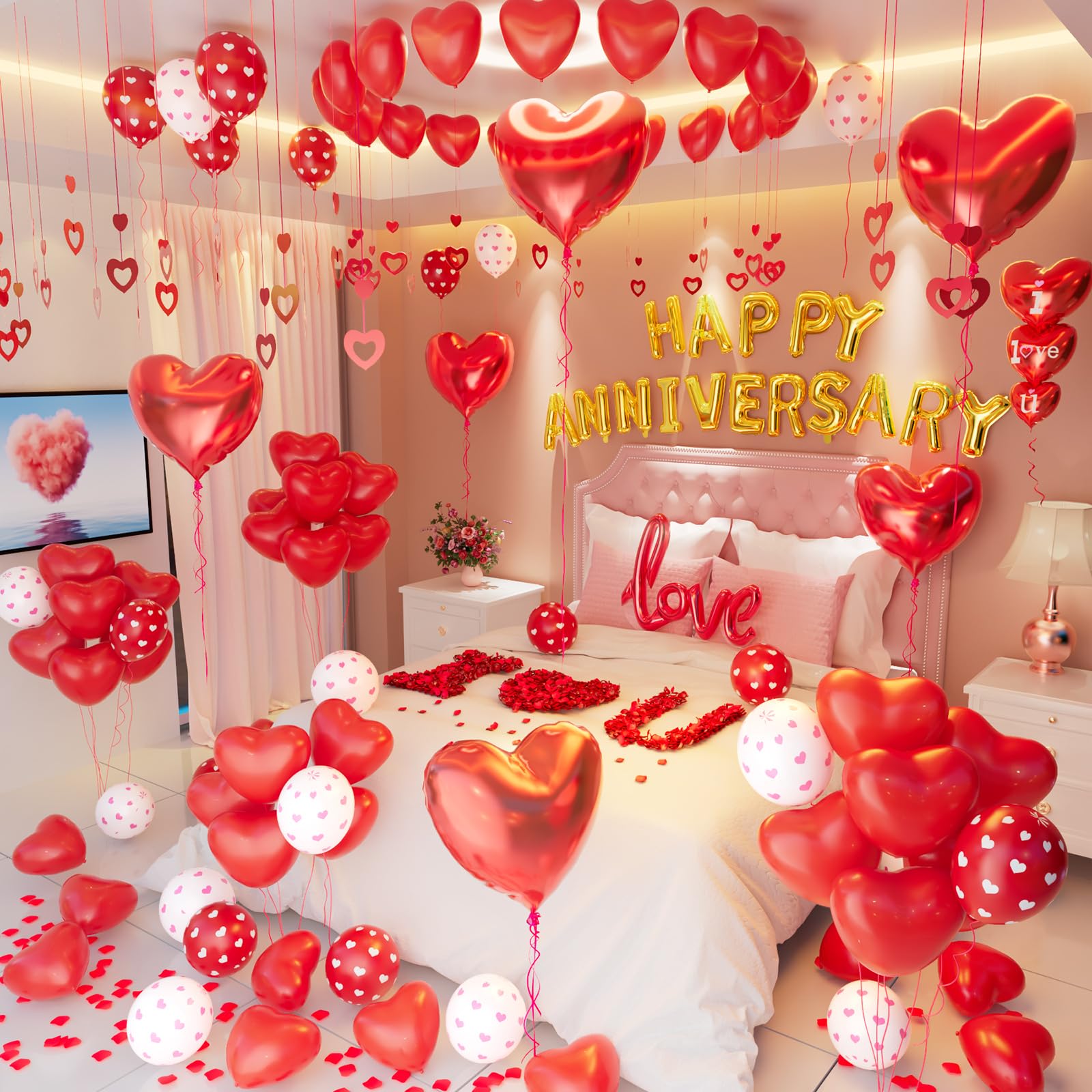 Anniversary Decorations for Bedroom, Happy Anniversary Banner, Red Heart Balloons, Heart Hanging String, Rose Petals, Ideal for Valentines Day, Anniversary Celebrations