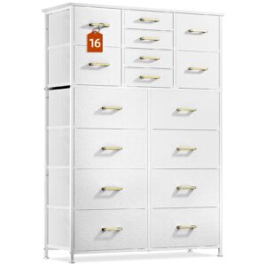 gipgiper 16 drawers dresser for bedroom, tall dresser with large capacity fabric drawer chest of drawers for closet, living room, hallway, kid room, leather finish, wood top white