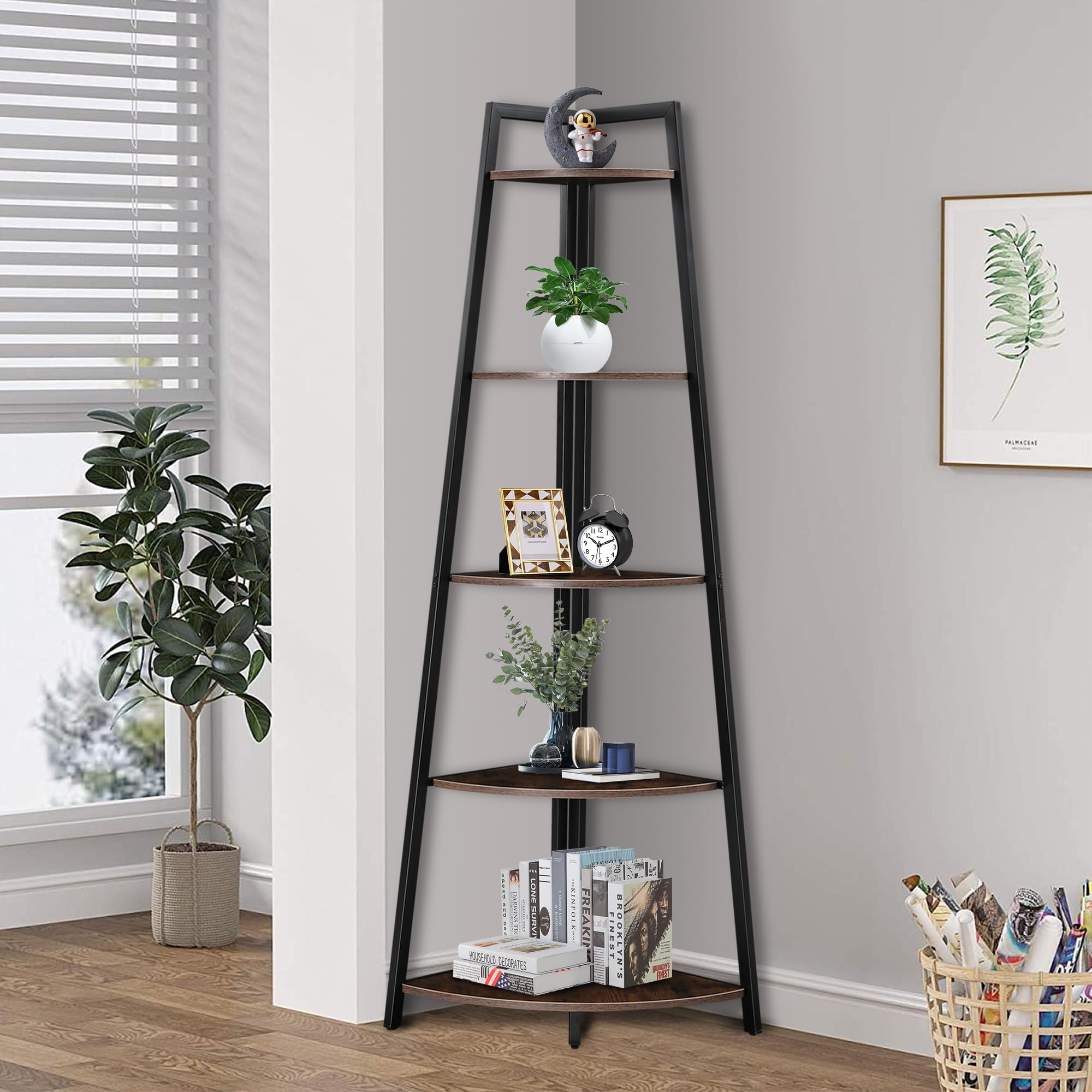 BETTAHOME 5 Tier Corner Stand, 70'' Tall Corner Ladder Shelf, Ideal for Books, Plants, Storage, Display Shelving Unit for Living Room, Bedroom, Kitchen, Rustic Brown